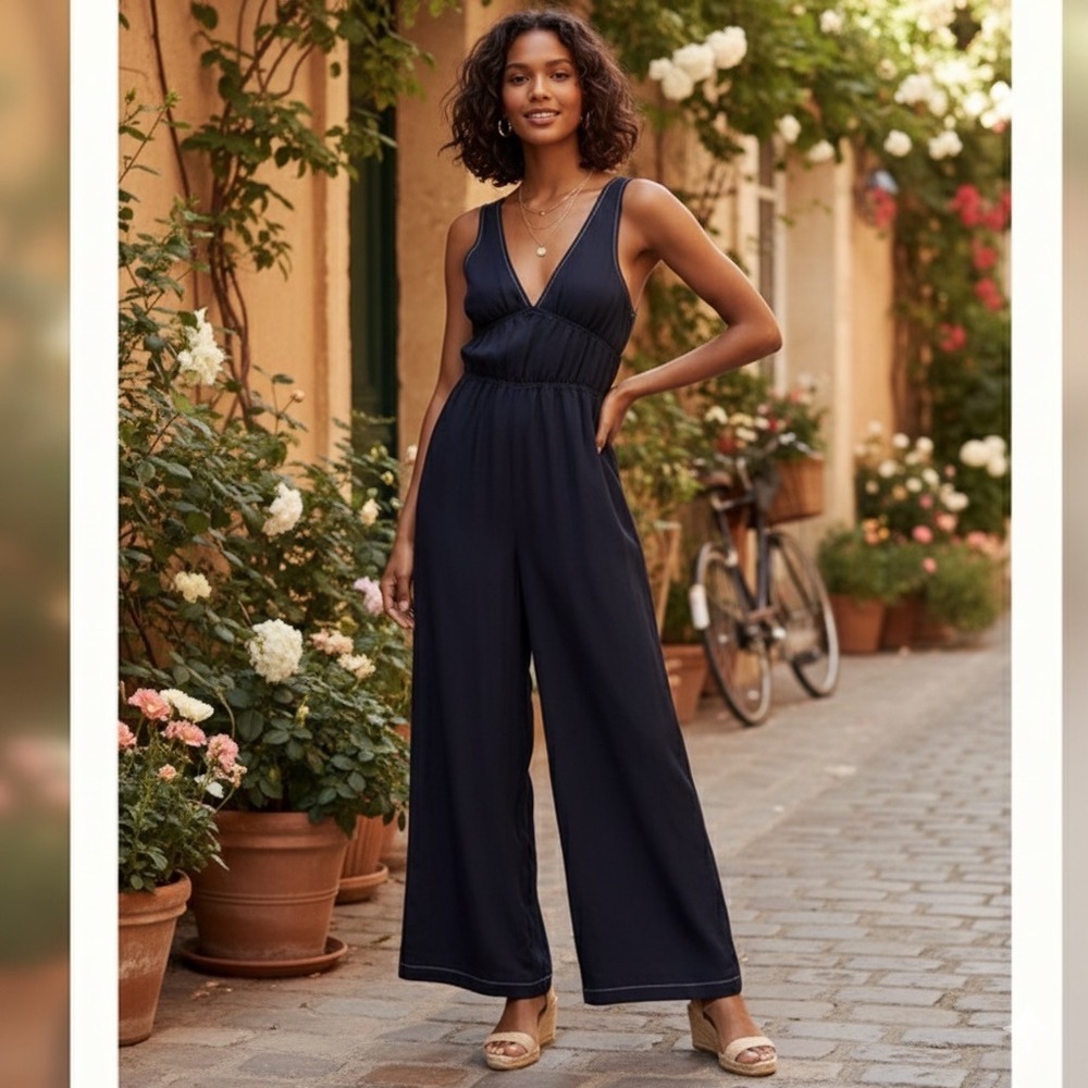 Anthropologie Sancia Oda Satin Jumpsuit in Midnight Navy Blue Size Small